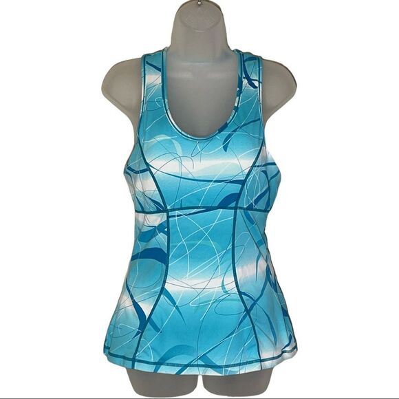 Shape Tek Green White Geometric Lines Racerback Tank Top Padded Shelf Bra Large - Picture 1 of 16